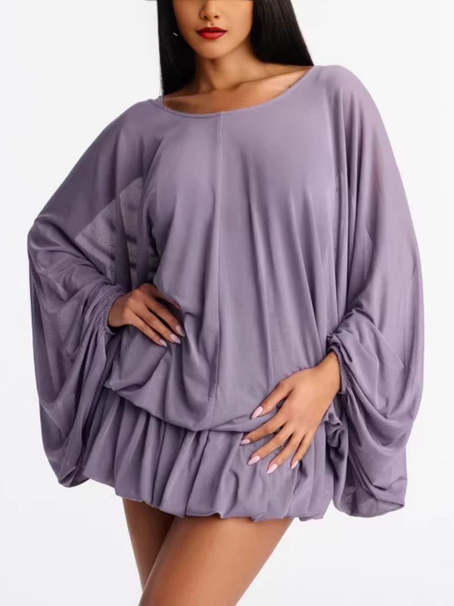 Batwing Sleeves Backless Bandage Ruffled Edges Purple Mini&Short Dresses