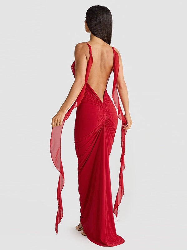 V-neck, Backless, Fitted, Fishtail Maxi Dress