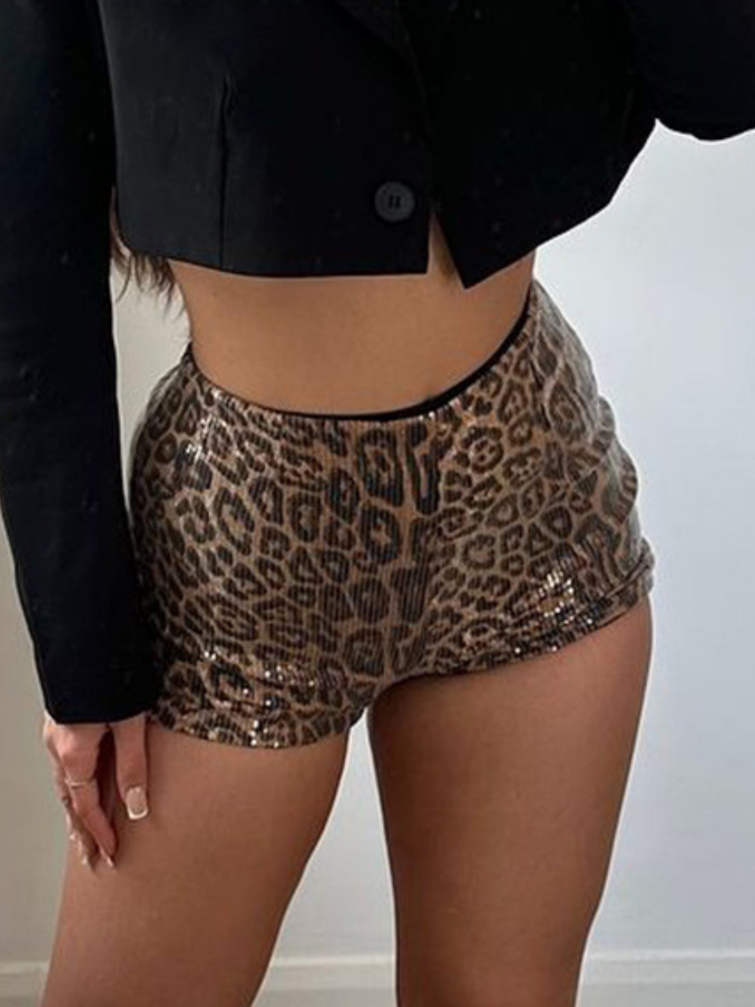Sequined Leopard Print Stretch Shorts
