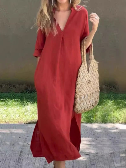 V-neck, Three-quarter Sleeve, Long Dress With Side Slit Pockets And Pleated Chest