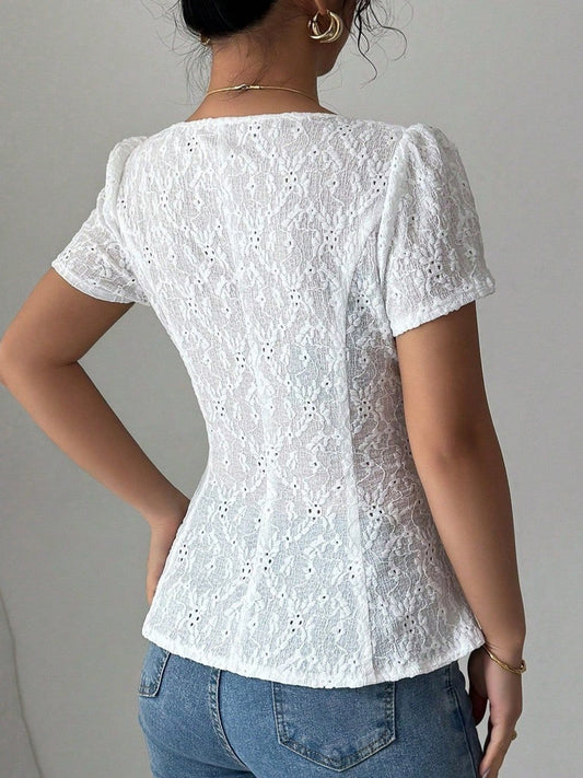 Lace Bow Tie Square Neck Short Sleeve T-shirts