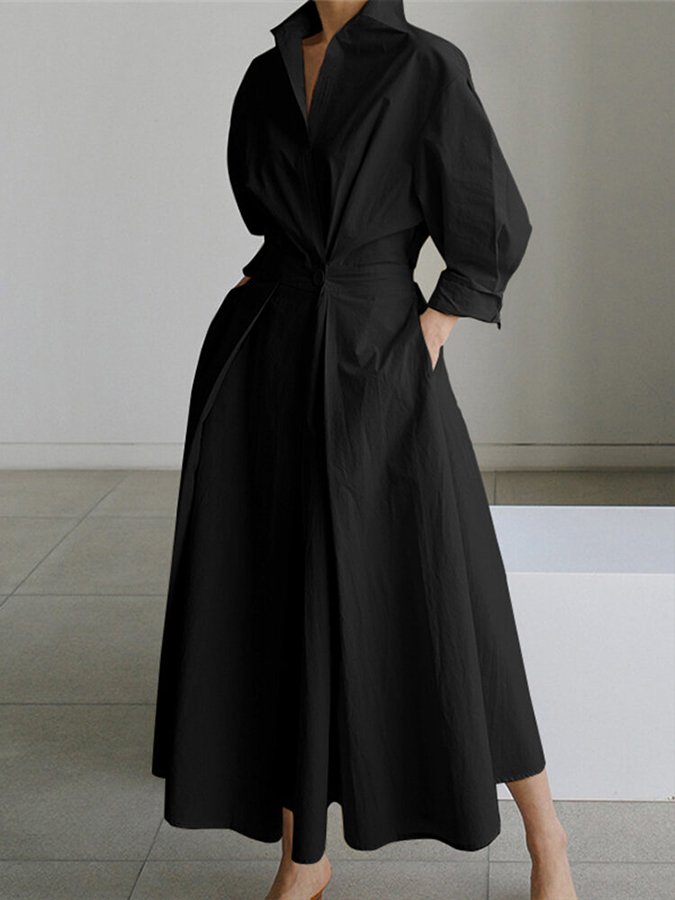 Collared Deep V-Neck Puff Sleeve Pleated A-Line Midi Shirt Dress