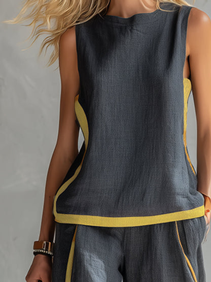Women’s Linen Two Piece Set - Sleeveless Casual Summer Outfit