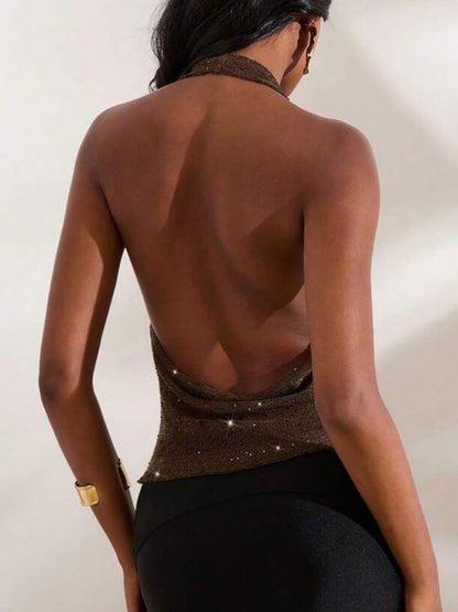 Glitter See-through Sway Neck Backless Tank Tops