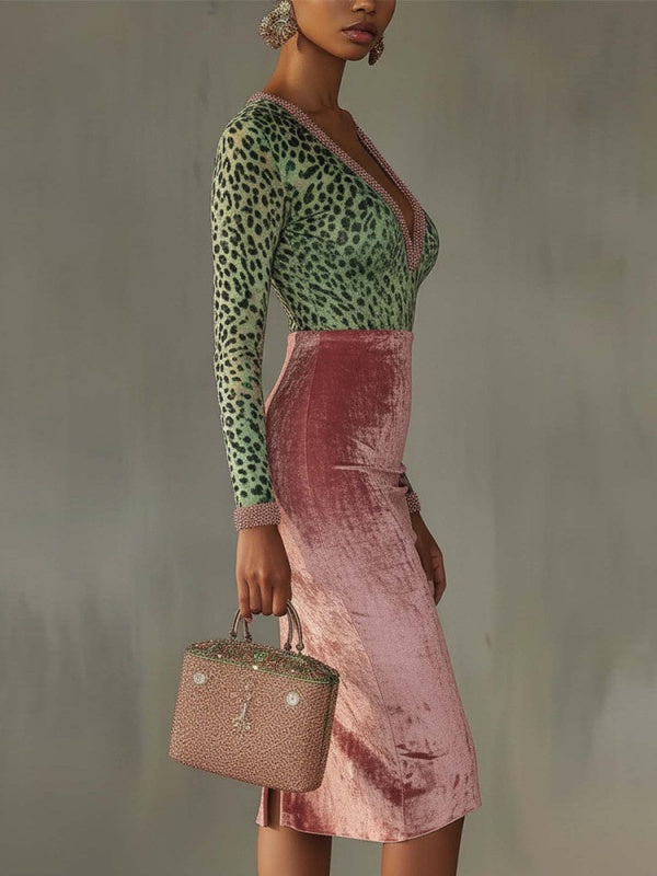 Women's Leopard Print Color-blocked Gold Velvet Spliced Stretch Slim-fit High-waisted Long Dress