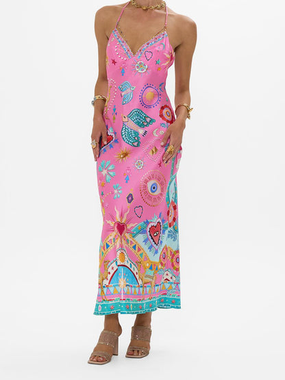 V Neck Beaded Trim Halter Strap Celestial Print Border Hem Maxi Dress