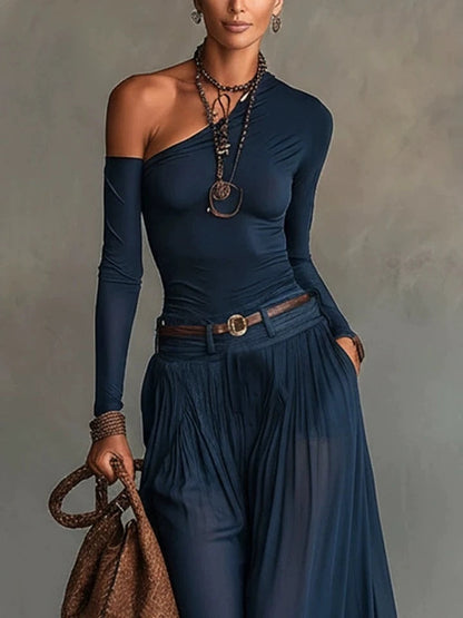 Solid Color, Simple, One-shoulder, Long-sleeved, Casual And Comfortable Two-piece Dress Set With Belt.