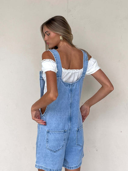 Straight-leg Denim Overalls Shorts
