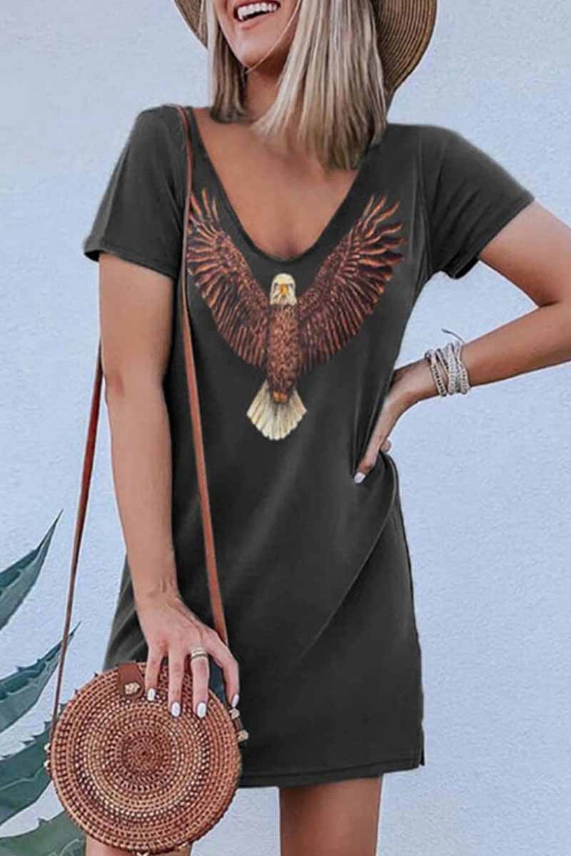 Eagle Graphic V Neck Short Sleeve T-Shirt Mini Dress