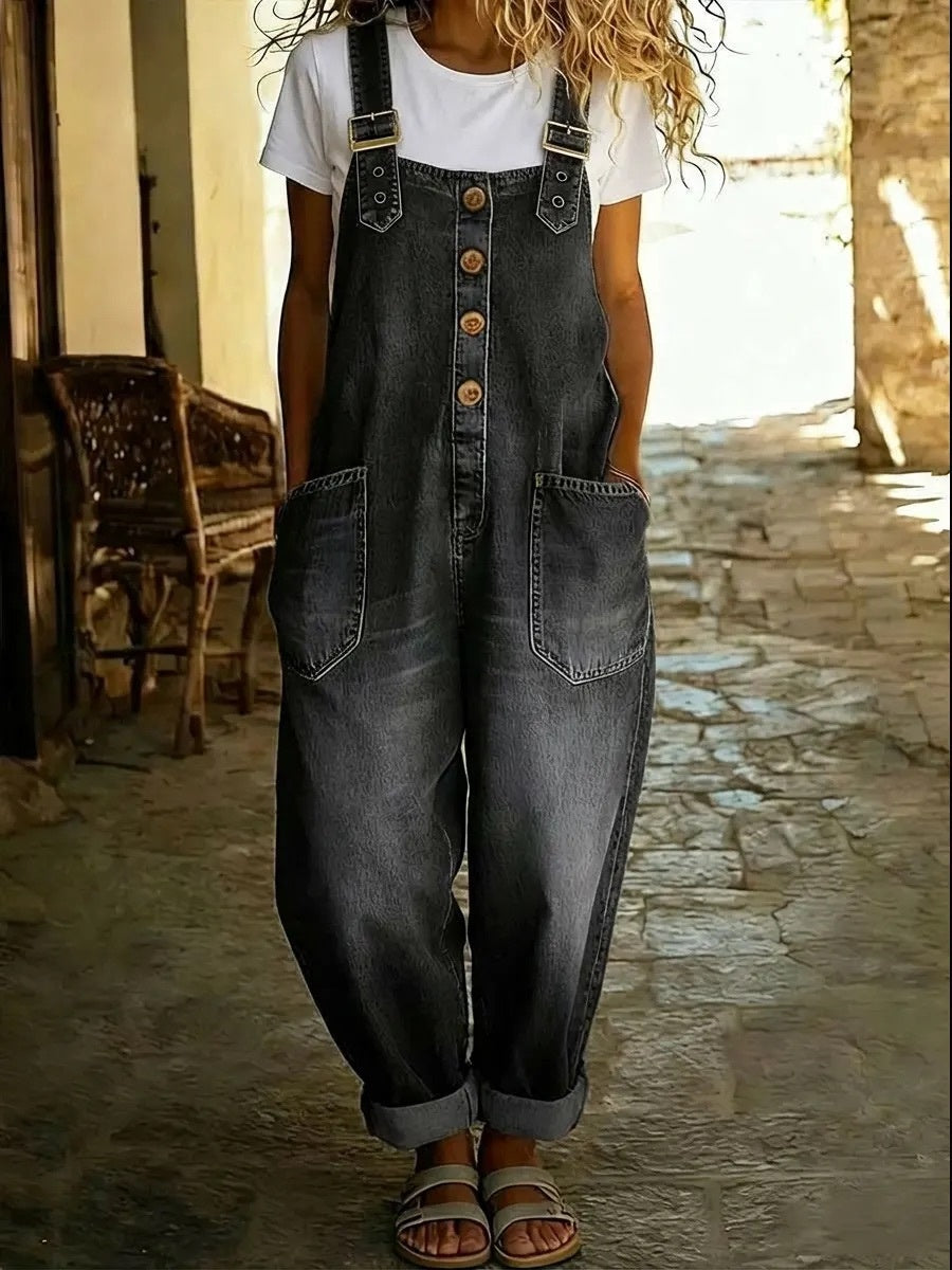Retro Distressed Loose-fitting Adjustable Buckle Casual Denim Jumpsuit