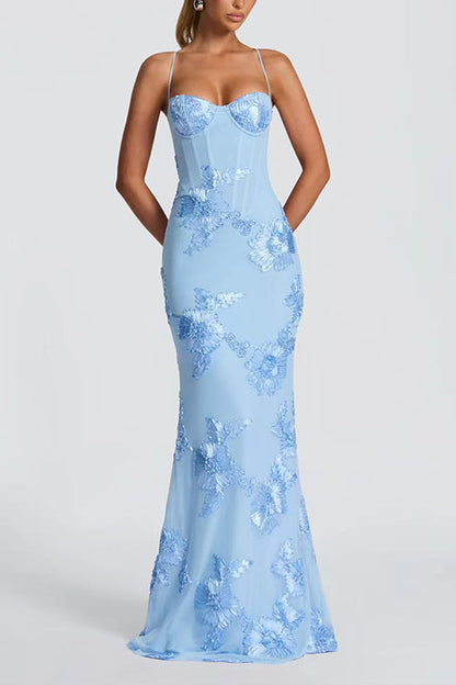 Margovil Backless Lace-up Corset Flower Embroidery Maxi Cami Dress