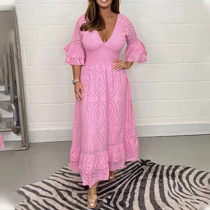 Broderie Anglaise Deep V-Neck Smocked Waist Tiered Ruffle Cuff Maxi Dress