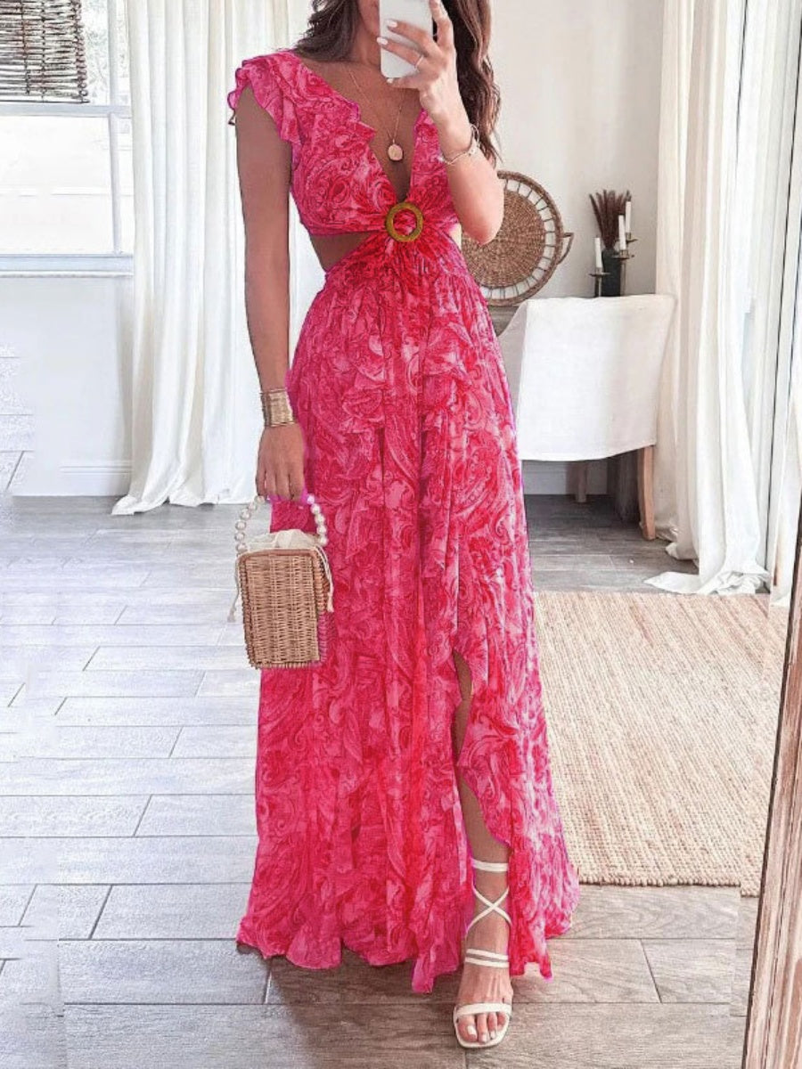 Sexy Waist-revealing Cutout Floral Plant Maxi Dresses