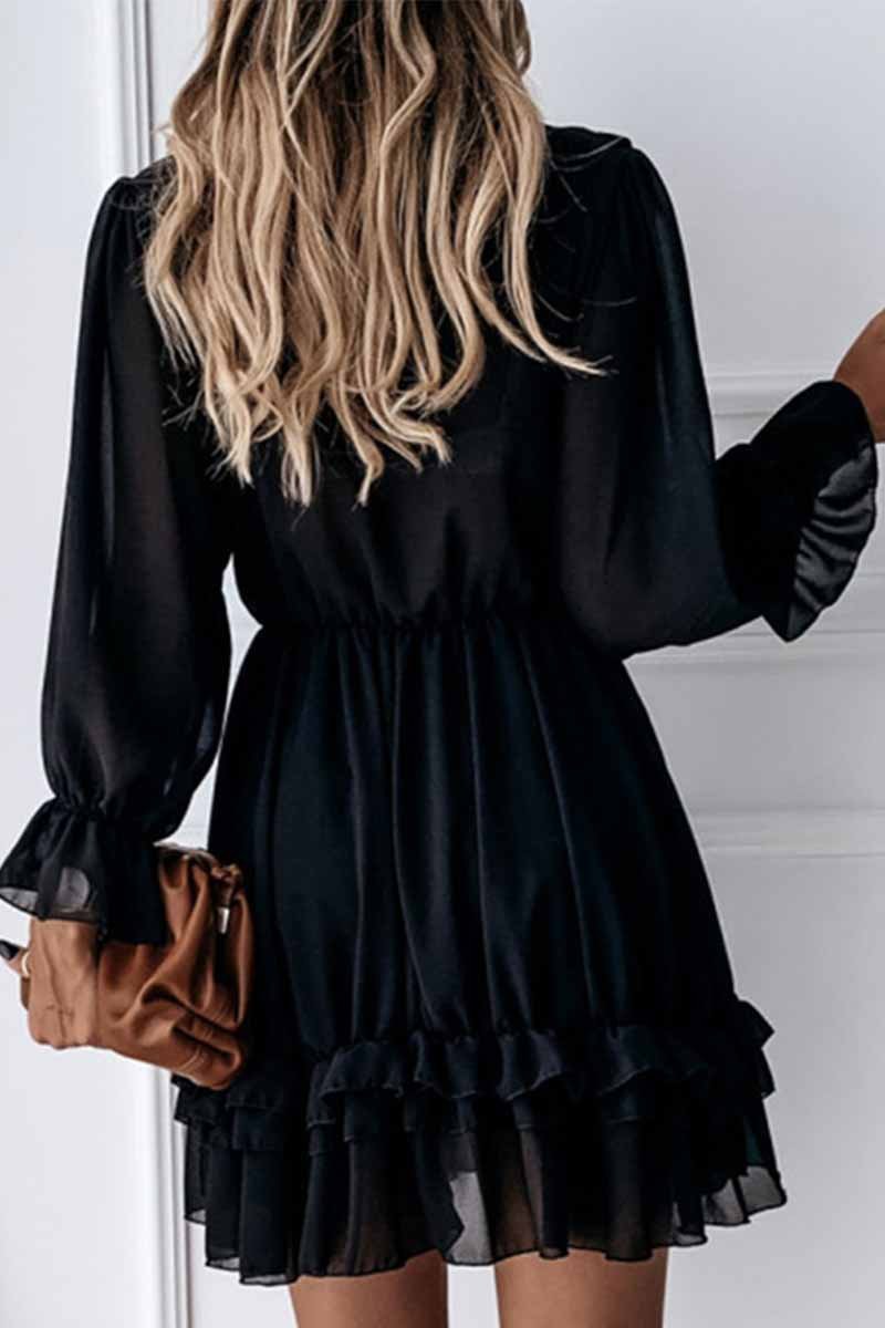 Lace Trim Deep V-Neck Tie-Front Balloon Sleeve Tiered Ruffle Mini Dress