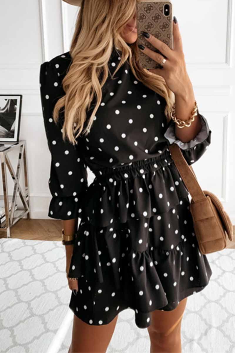 Polka Dot Print Mock Neck Long Sleeve Smocked Waist Tiered Ruffle Mini Dress