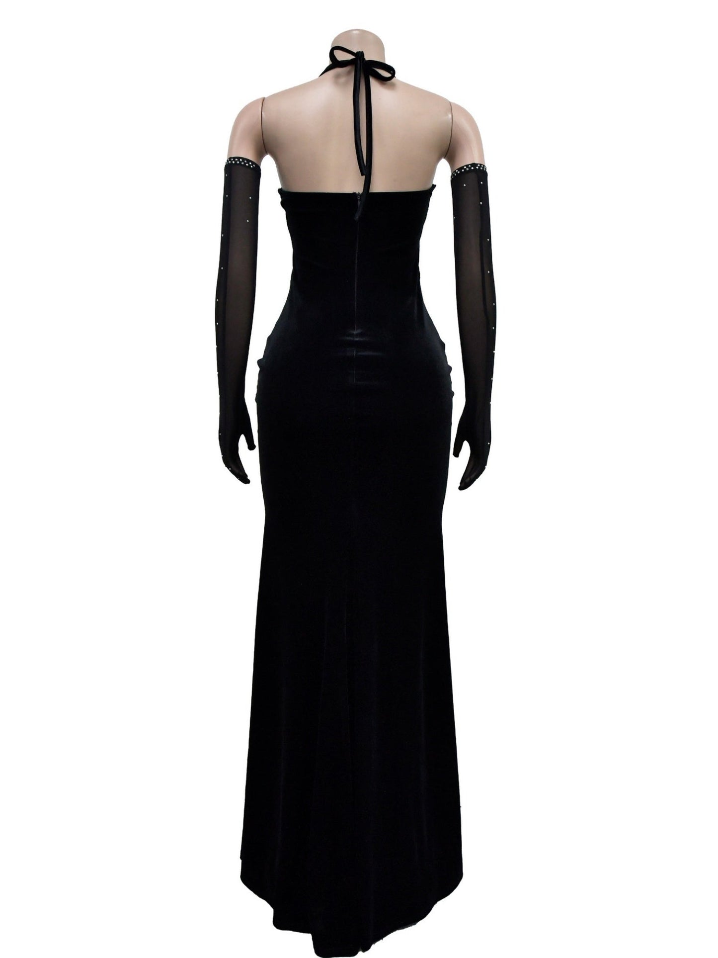 Lace And Velvet Patchwork Rhinestone-studded Evening Gown Mesh See-through Halter Neck Slit Maxi Dresses
