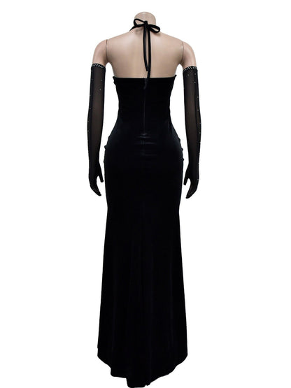 Lace And Velvet Patchwork Rhinestone-studded Evening Gown Mesh See-through Halter Neck Slit Maxi Dresses