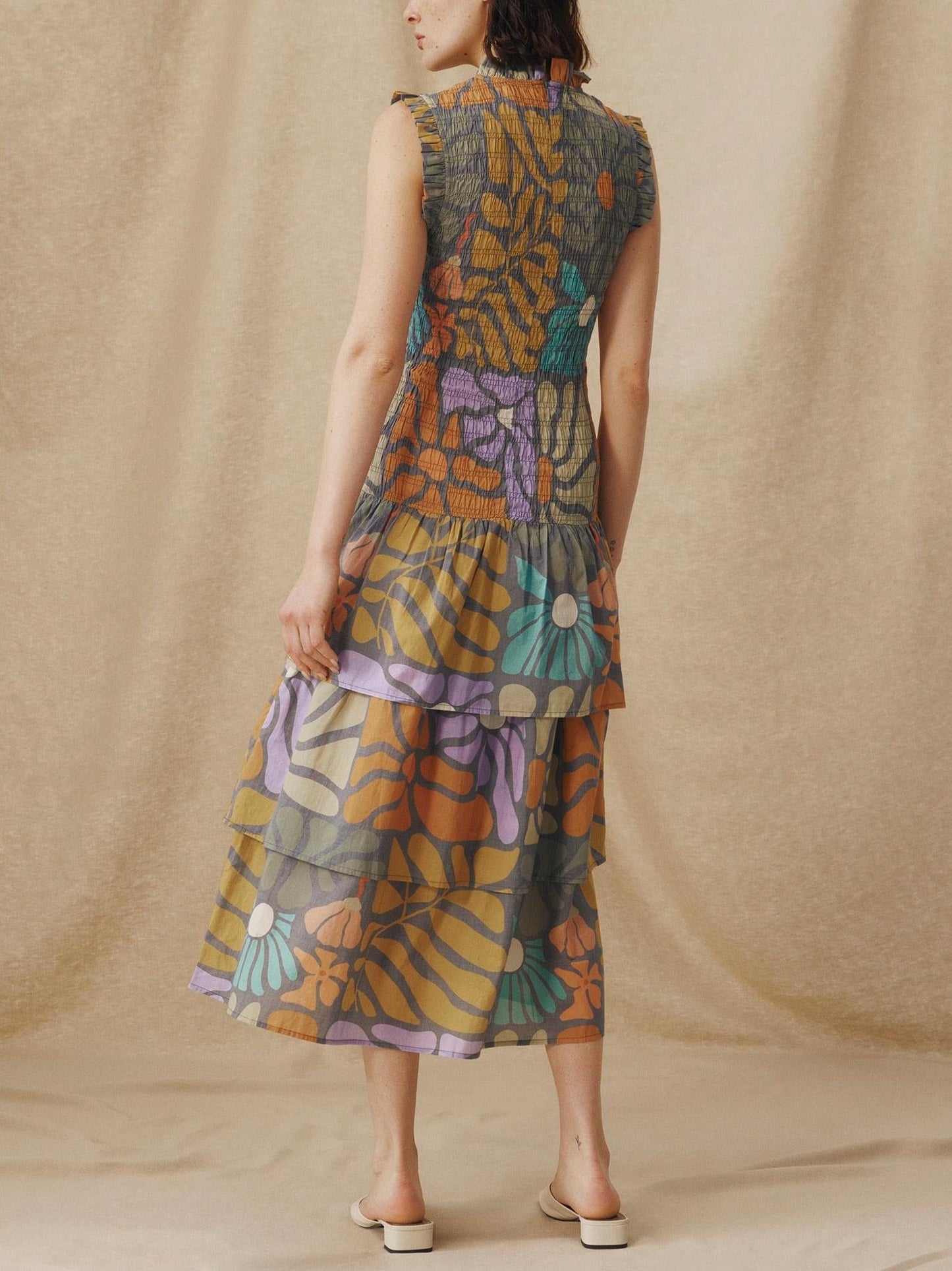 Mock Neck Smocked Bodice Sleeveless Botanical Print Tiered Midi Dress