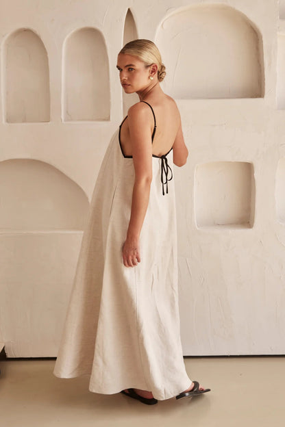 Linen Look Square Neck Spaghetti Strap Contrast Piping Relaxed Maxi Dress