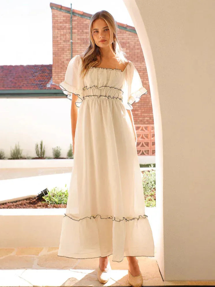 Off Shoulder Puff Sleeve White Maxi Dress