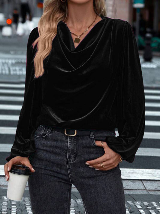 Pullover Collar Velvet Long Sleeve Pleated Grace Blouse