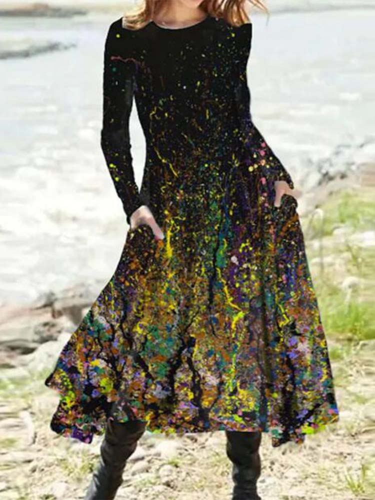 Abstract Paint Splatter Print Crew Neck Long Sleeve Pocket Maxi Dress