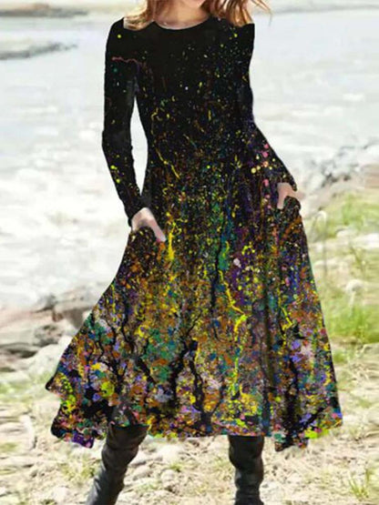 Abstract Paint Splatter Print Crew Neck Long Sleeve Pocket Maxi Dress