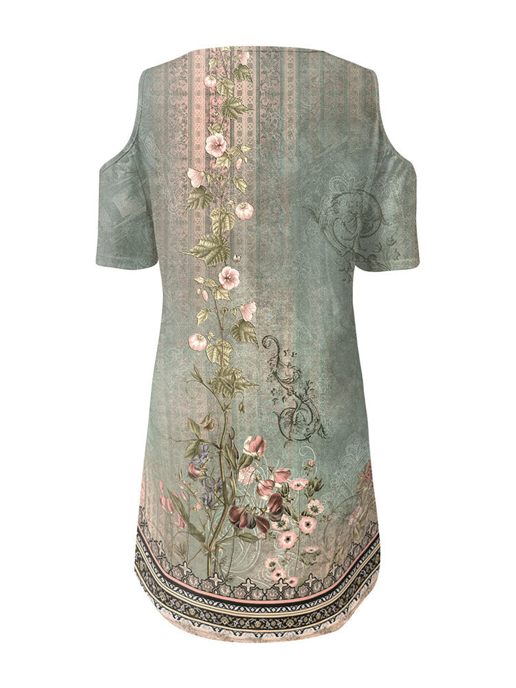 Cold Shoulder Lace Trim V-Neck Floral Vine Border Print Shift Mini Dress
