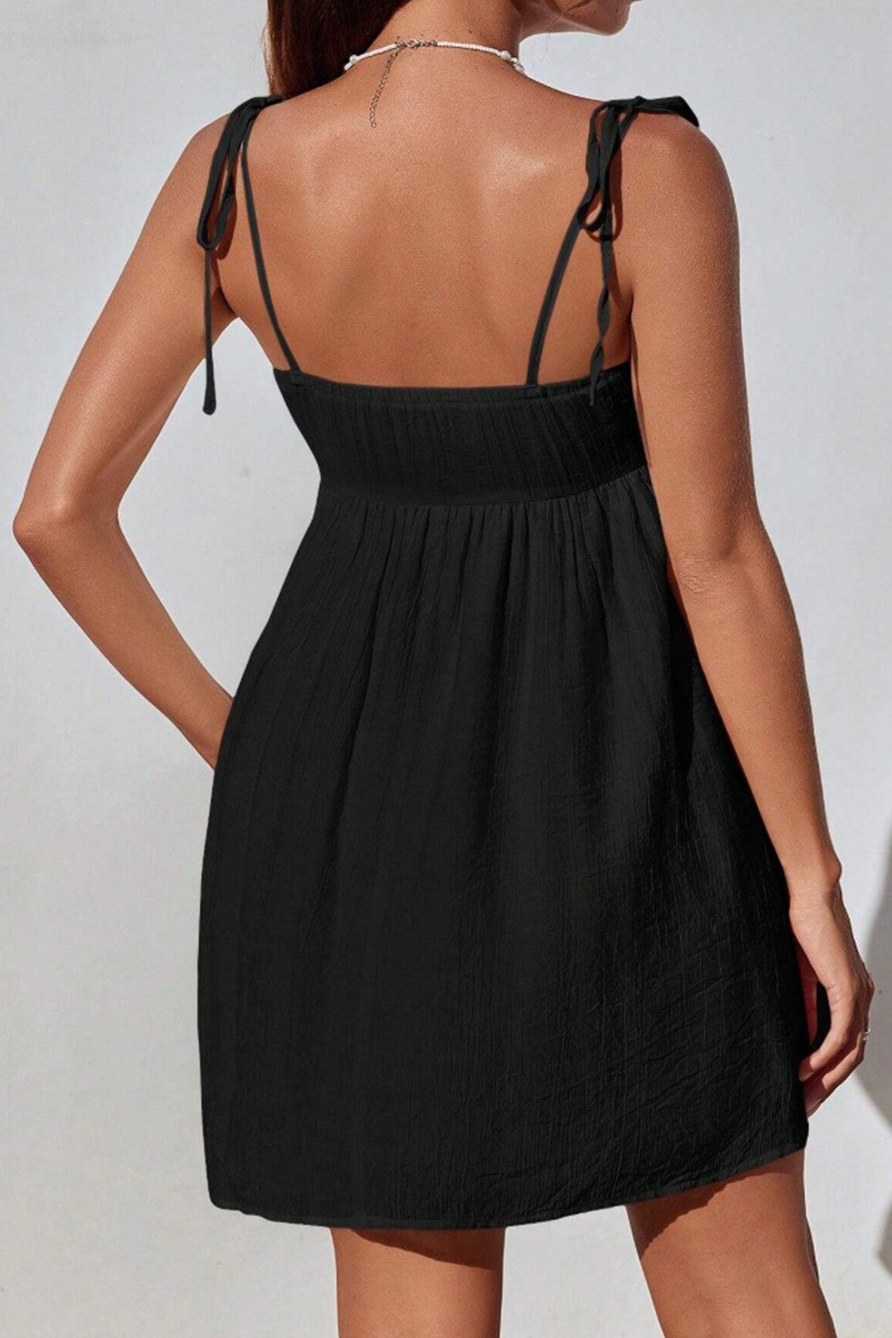 Tie Shoulder Sweetheart Crinkled Texture Babydoll Mini Dress