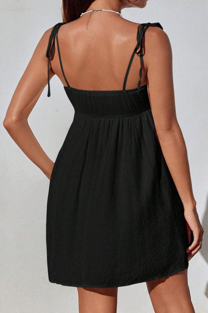 Tie Shoulder Sweetheart Crinkled Texture Babydoll Mini Dress