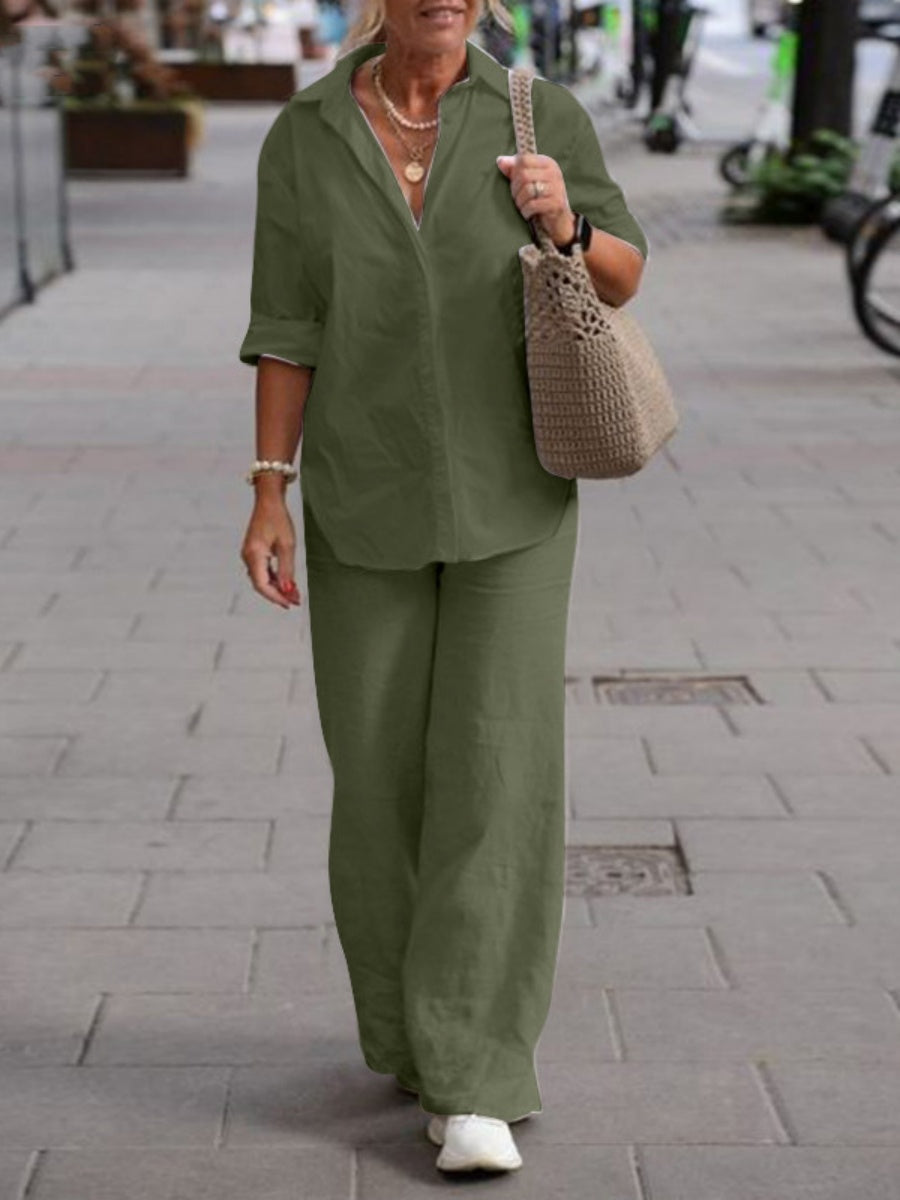 Collared Long-sleeved Shirt And Casual Solid Color Wide-leg Pants Two-piece Set For Spring And Autumn