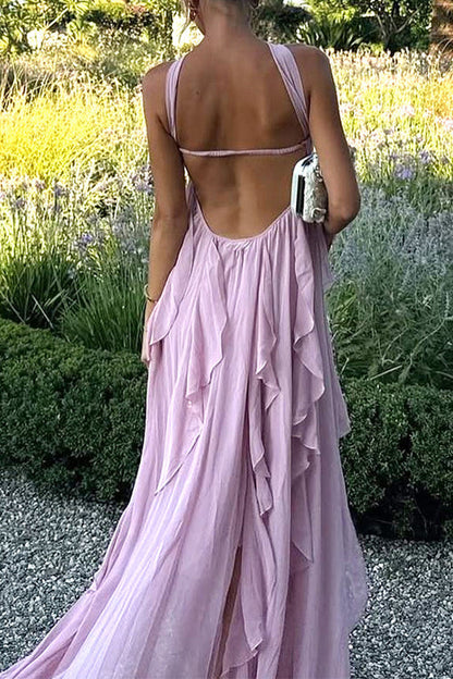 Margovil Sleeveless Open Back Ruffle Trim Slit Maxi Dress