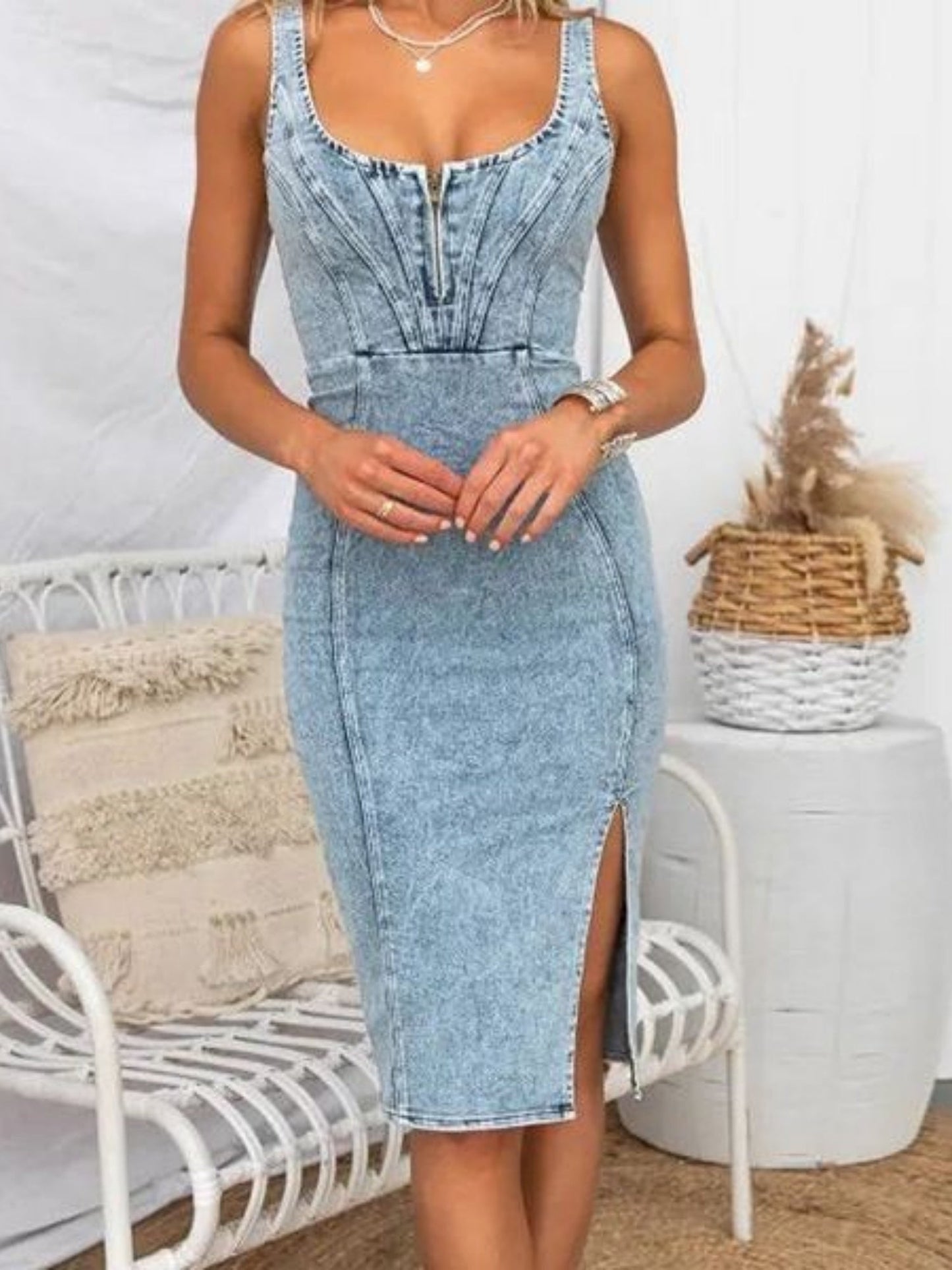Denim Distressed Suspender U-neck Slit Midi Dresses