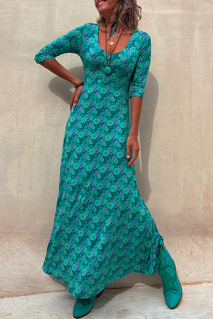 Margovil Scoop Neck 3/4 Sleeve Maxi Floral Dress