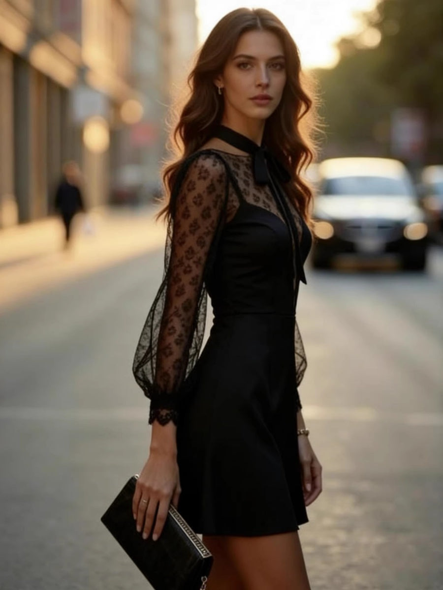 Mesh Perspective Splicing Bow Temperament Bandage Commuting Reunion Mini&Short Dresses