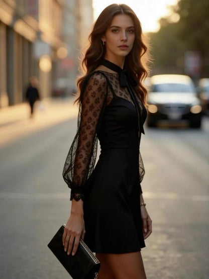 Mesh Perspective Splicing Bow Temperament Bandage Commuting Reunion Mini&Short Dresses