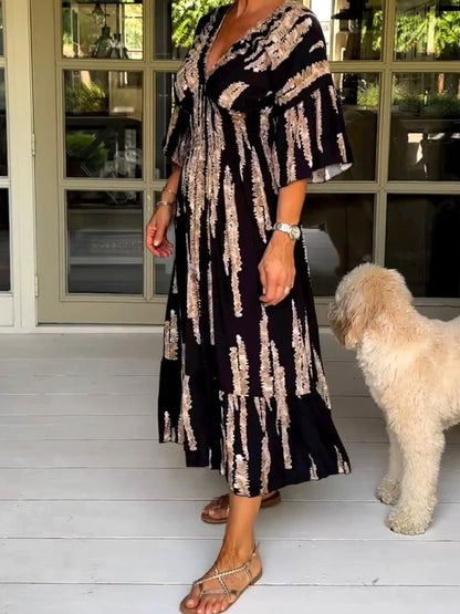 Deep V Neck Smocked Waist Puff Sleeve Abstract Brushstroke Print Tiered Maxi Dress