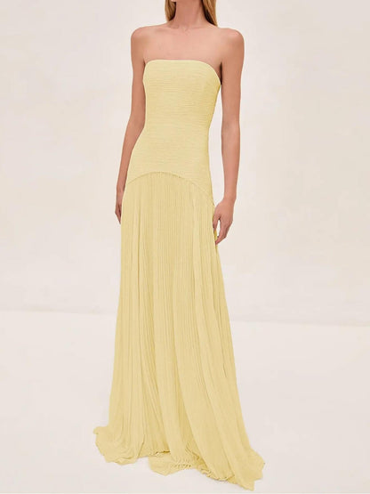 Strapless Vertical Accordion Pleated Floor Length Ball Gown Maxi Dress