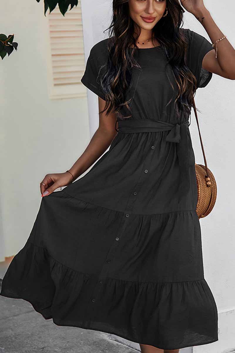 Button-Front Tie-Waist Tiered Short Sleeve Midi Shirt Dress