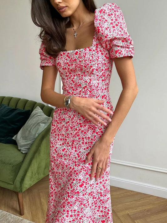 Floral Print Square Neckline And Puff Sleeves Maxi Dresses