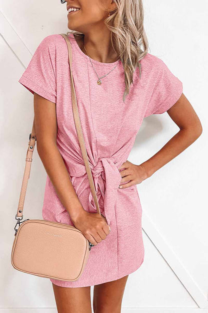 Tie Front Knotted Waist Crew Neck Cuffed Sleeve Jersey Mini Dress