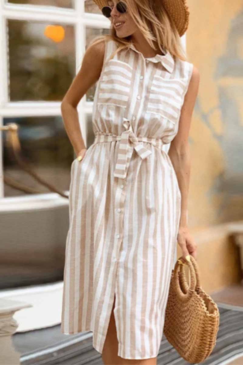 Sleeveless Lapel Collar Vertical Stripe Tie Waist Chest Pocket Midi Shirt Dress
