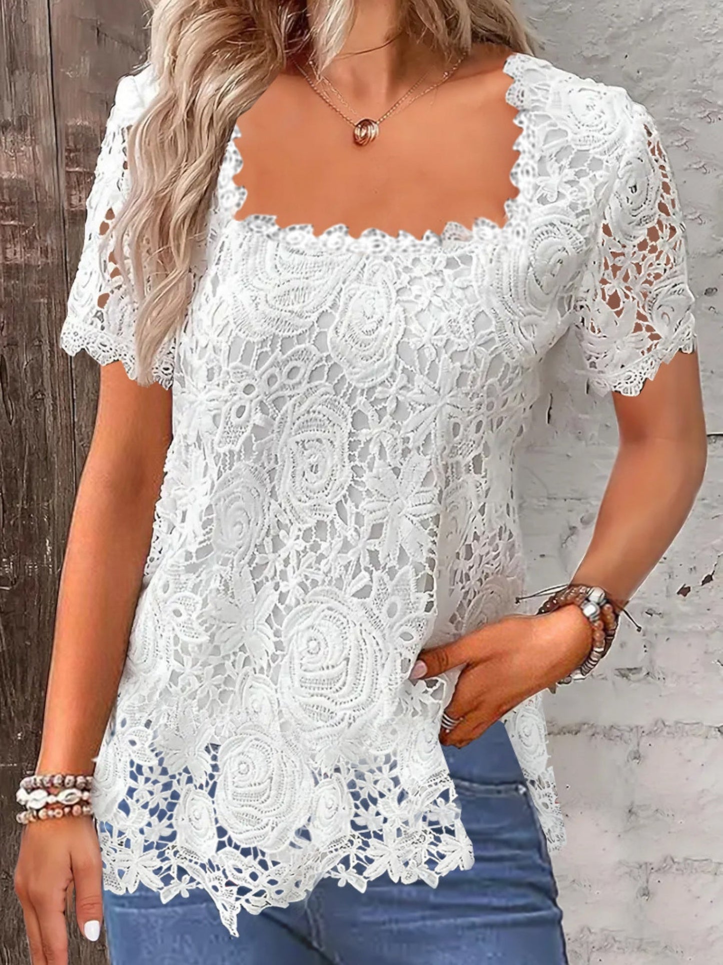 Lace Trim Square Collar Short-sleeved T-shirt