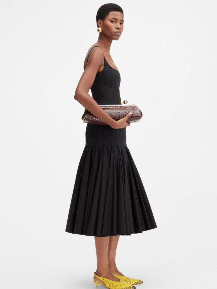 Square Neck Panel Seamed Corset Bodice Pleated Flare Midi Dress