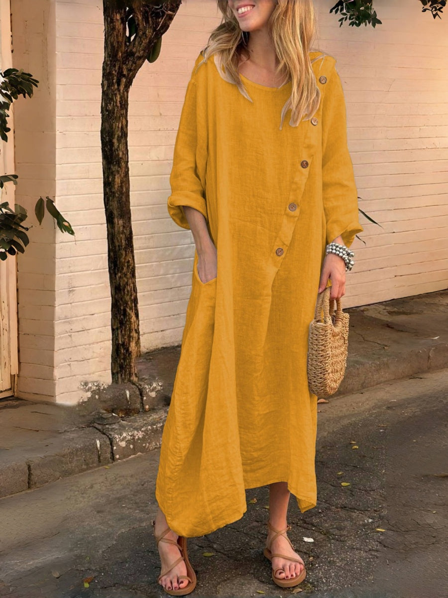 Round Neck, Long Sleeves, Solid Color Cotton And Linen, Irregular Buttons Maxi Dresses