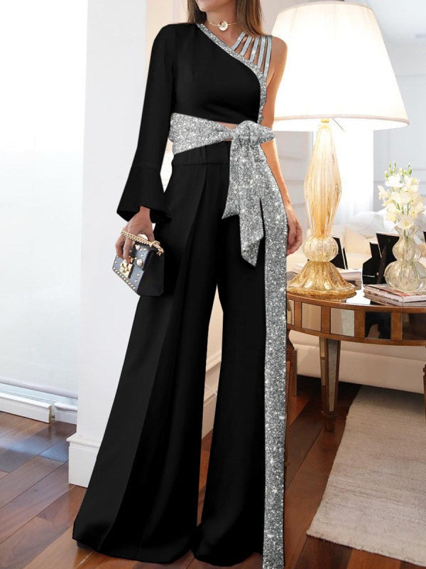 Off-shoulder Casual High-waisted Plus Size Wide-leg 2-piece Set