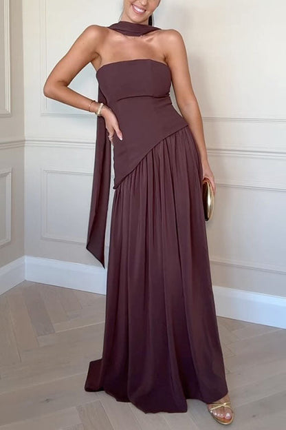 Margovil Strapless Back Lace-up High Slit Splice Maxi Dress