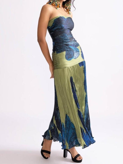 Strapless Ruched Bodice Abstract Print Plisse Pleated Maxi Dress