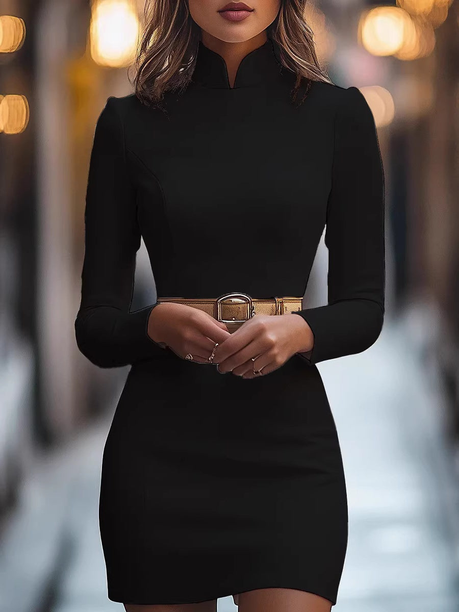 Grace White Hip-hugging Stand Collar Commuting Mini&Short Dresses