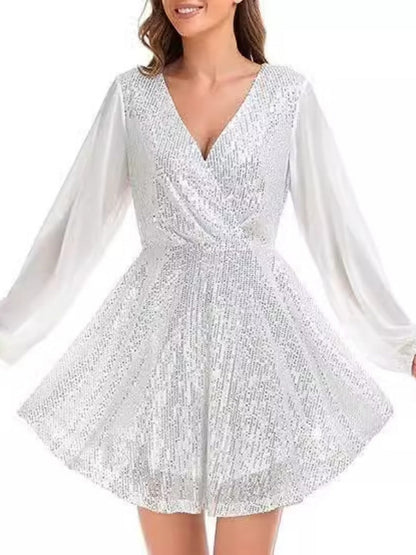 Sequined Chiffon V-neck Temperament Grace Formal Dress Mini&Short Dresses
